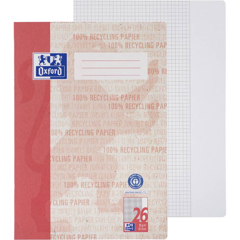 Ein Notizbuch mit rotem Einband, auf dem der Text '100% Recycling Papier' steht. Es verfügt über eine Beschriftungsfläche und kariertes Papier im Inneren.