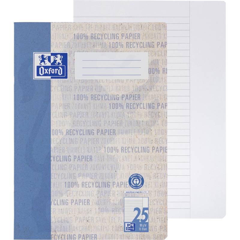 Zwei Oxford-Notizbücher werden gezeigt. Eines ist geschlossen und präsentiert das Design '100% Recycling Papier'. Das andere ist geöffnet und zeigt linierte Seiten.