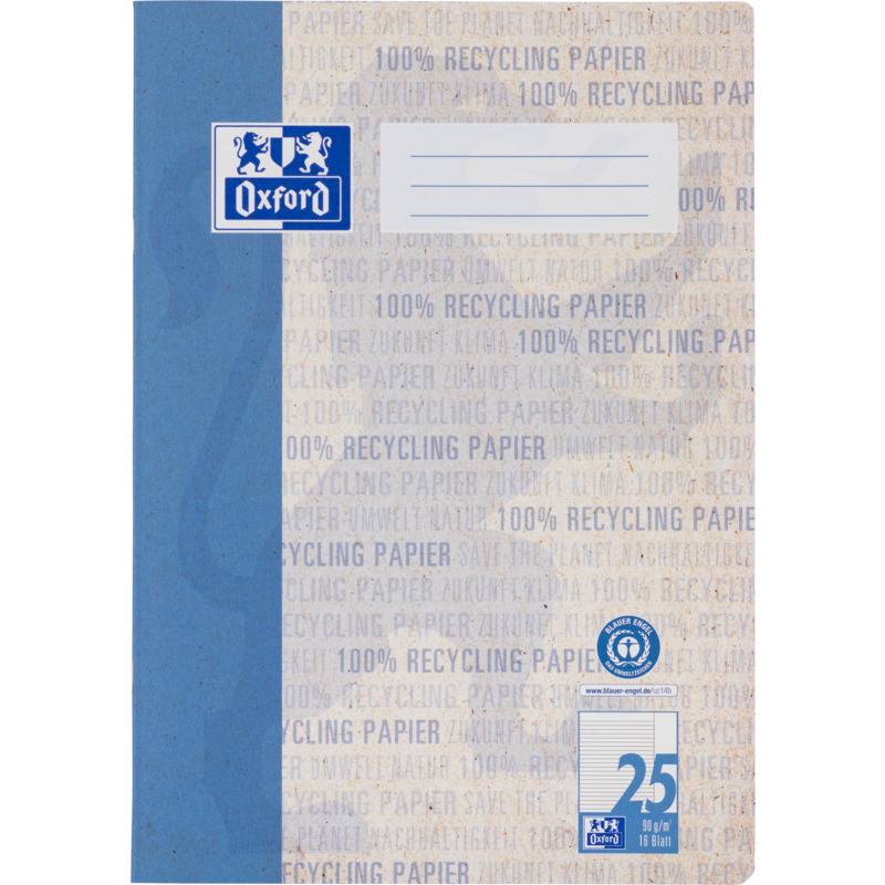Eine blaue Notizbuchmappe mit dem 'Oxford' Logo, die den Text '100% Recycling Papier' trägt. Beinhaltet Platz zum Schreiben und eine Kennzeichnung für 25 Blatt.