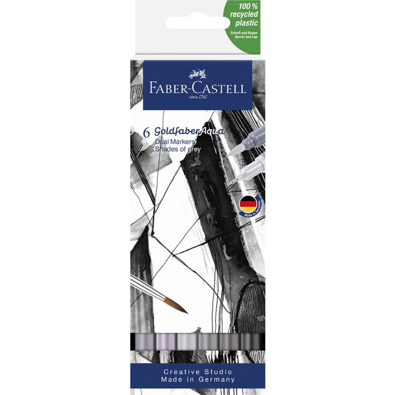 Faber-Castell Goldfaber Aqua Doppelspitzstifte, 6er-Pack in Grautönen, Künstlerbedarf. Verpackung gekennzeichnet mit '100% recyceltem Kunststoff', hergestellt in Deutschland.