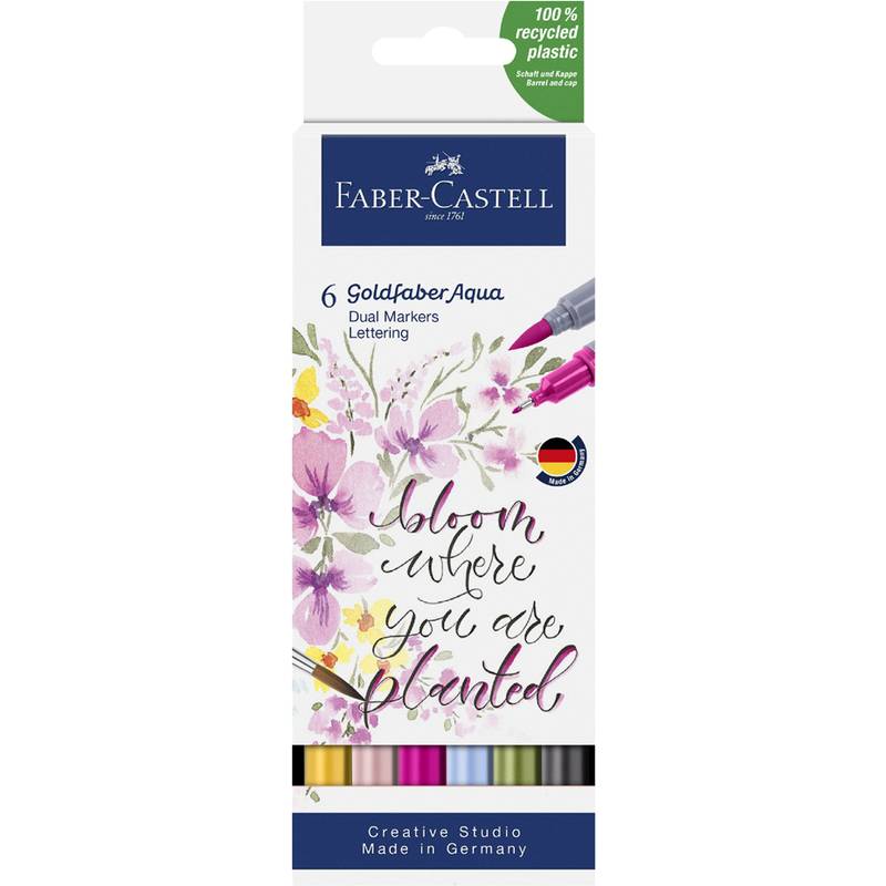 Verpackung der Faber-Castell Goldfaber Aqua Dual Markers mit farbenfrohem Blumendesign und dem Text: „Blühe dort, wo du gepflanzt wurdest.