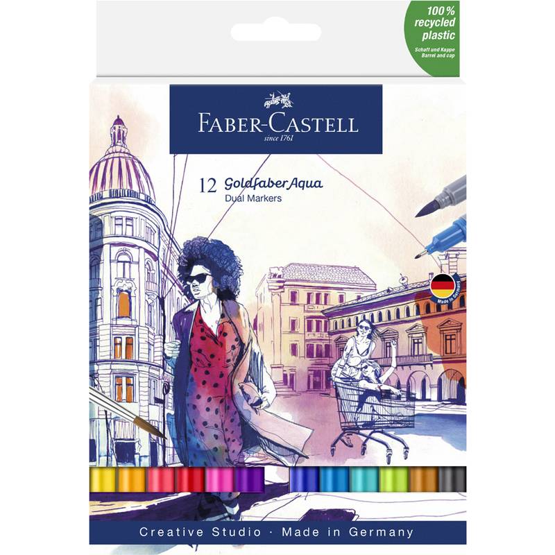 Vorderseite einer Faber-Castell 'Goldfaber Aqua' Dual-Marker-Packung mit einer stilisierten Person in einer Stadtlandschaftsskizze. Enthält 12 farbige Marker.