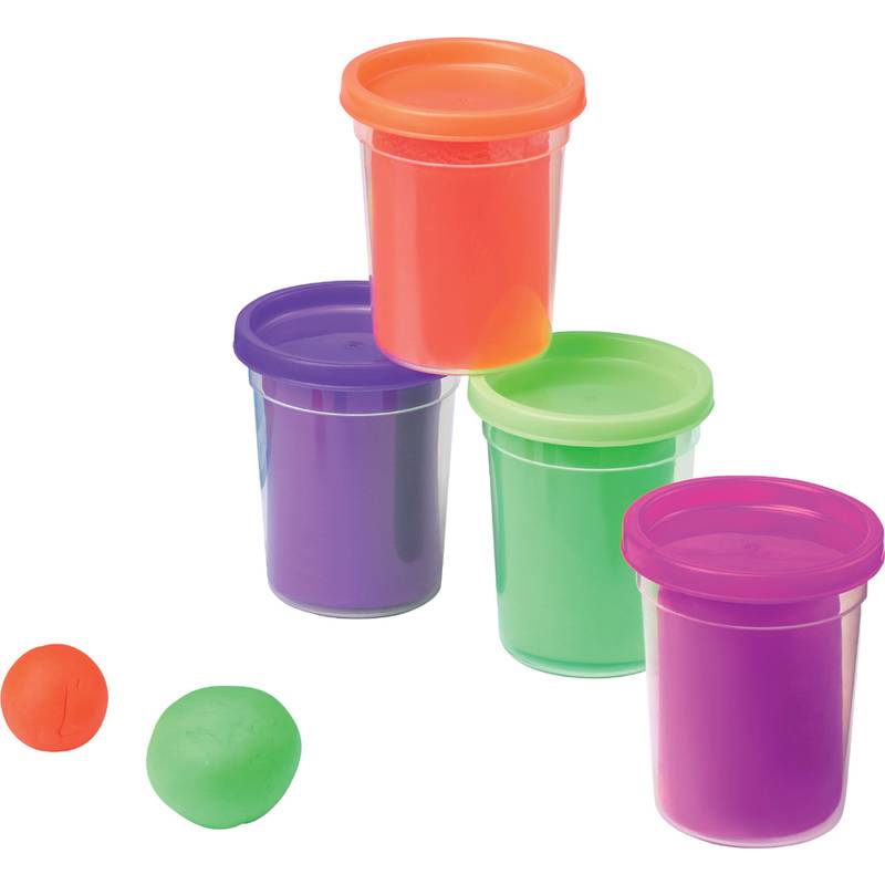 Vier farbenfrohe Behälter mit Modelliermasse in Orange, Lila, Grün und eine zusätzliche orangefarbene Kugel, die zum kreativen Spielen und Formen verwendet werden.