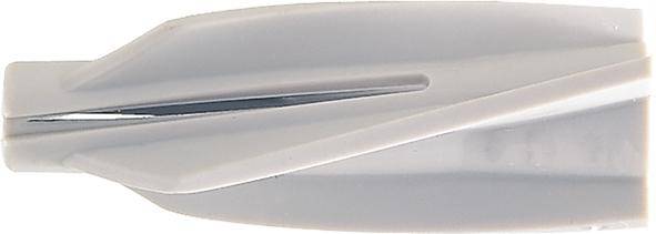 Nahaufnahme einer Seitenansicht eines silbernen, glattem, aerodynamischem Objekt, wahrscheinlich ein stromlinienförmiger Fahrzeug- oder Gerätekörper, auf weißem Hintergrund.