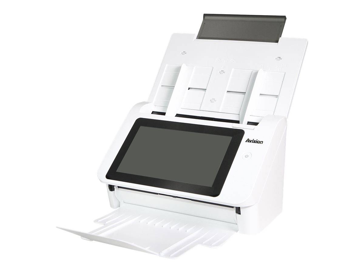 Weißer Desktop-Dokumentenscanner mit Touchscreen, offener Zuführungsschacht und ausgefahrenem vorderen Ausgabefach.
