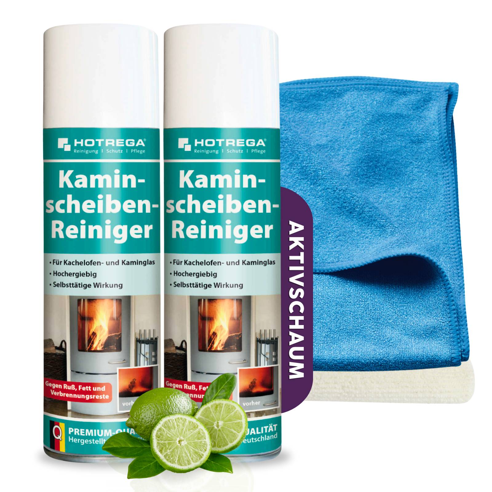 HOTREGA Kaminscheiben Reiniger 2x 300 ml inkl. 2x Microfasertuch