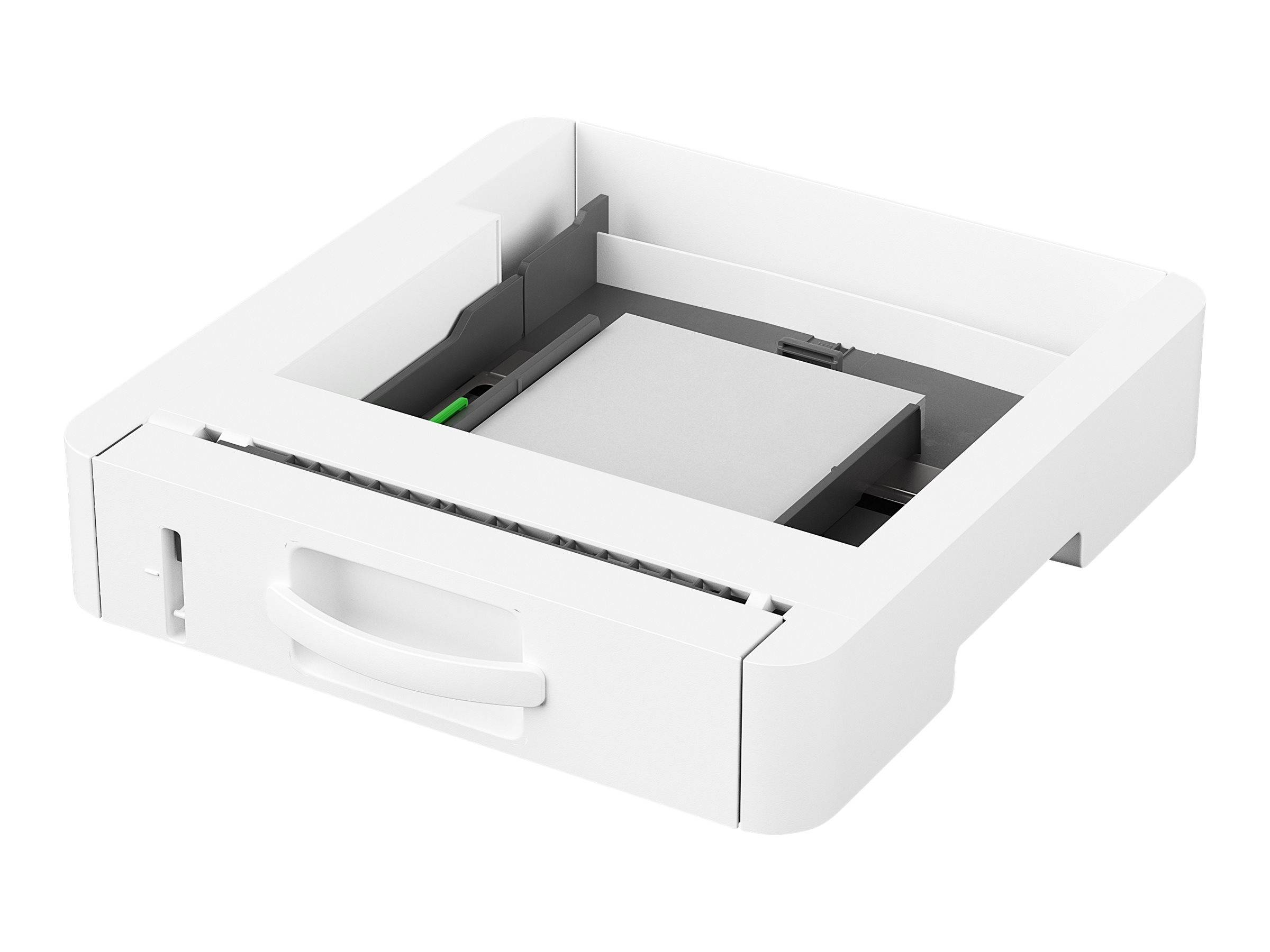 Weiße Druckerpapierkassette oder -behälter mit einem sichtbaren Blatt und dunklen inneren Führungen, isoliert auf weißem Hintergrund dargestellt.
