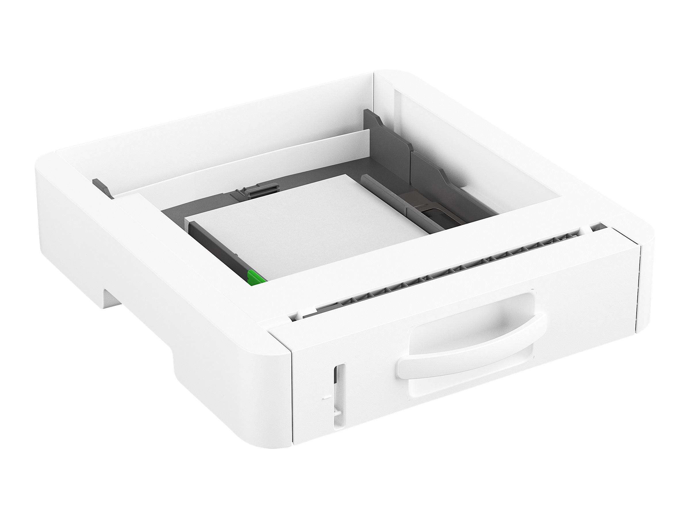 Weiße Druckerpapierkassette oder -fach mit leerem Papierfach und vorderem Griff, dargestellt in einer produktstilisierten Ansicht.