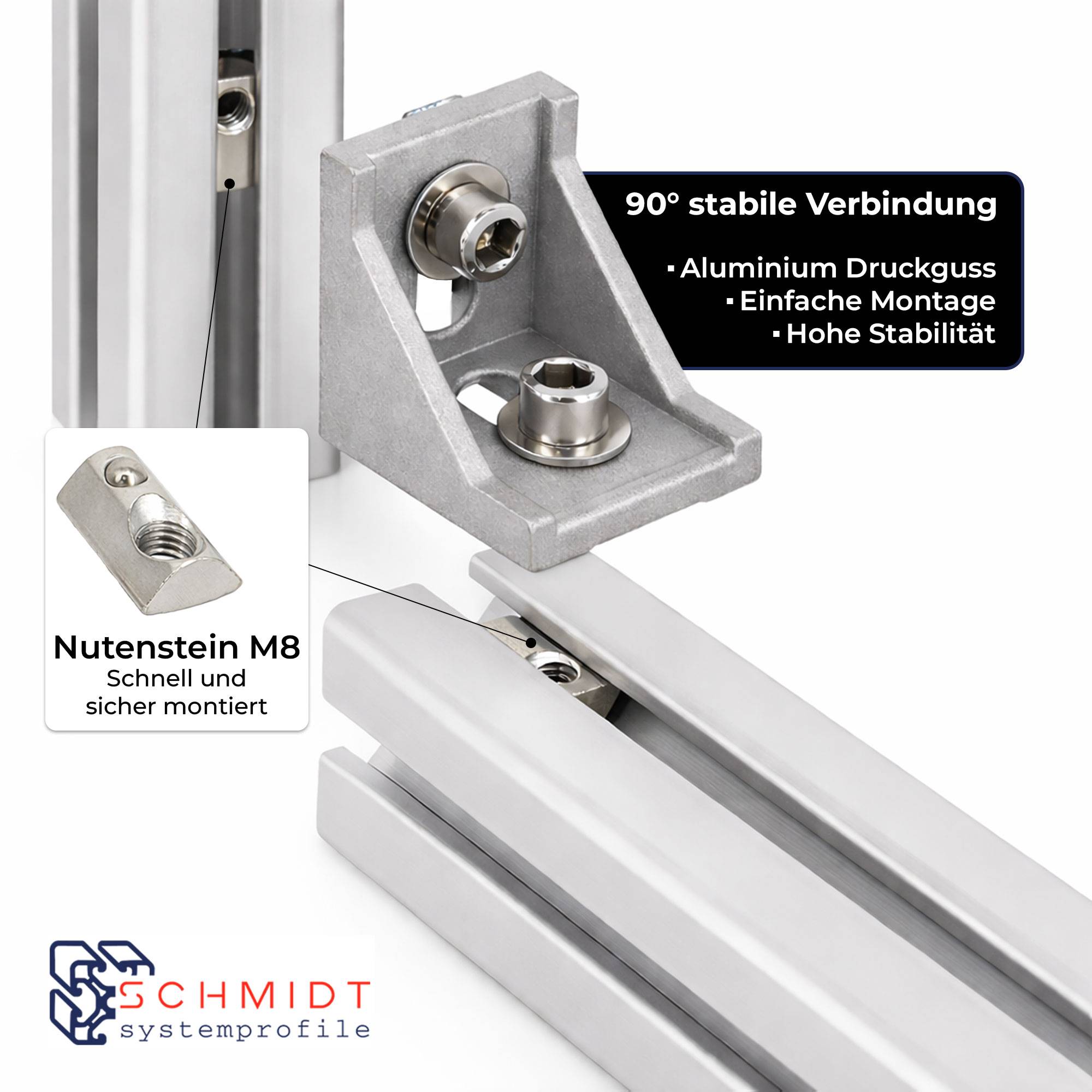 Produktwerbung für eine 90°-Aluminiumprofileckverbindung mit M8-Schlitzkappe; Der deutsche Text hebt stabile Verbindung, einfache Montage und hohe Stabilität hervor.