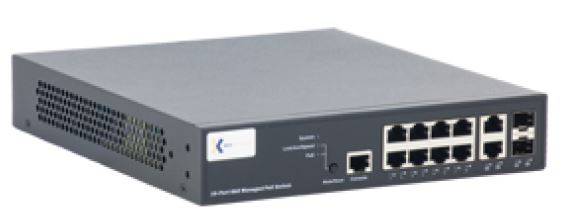 Schwarzes Netzwerk-Switch-/Router-Gerät mit mehreren Ethernet-Anschlüssen auf der Frontplatte und Belüftungslöchern an der Seite.