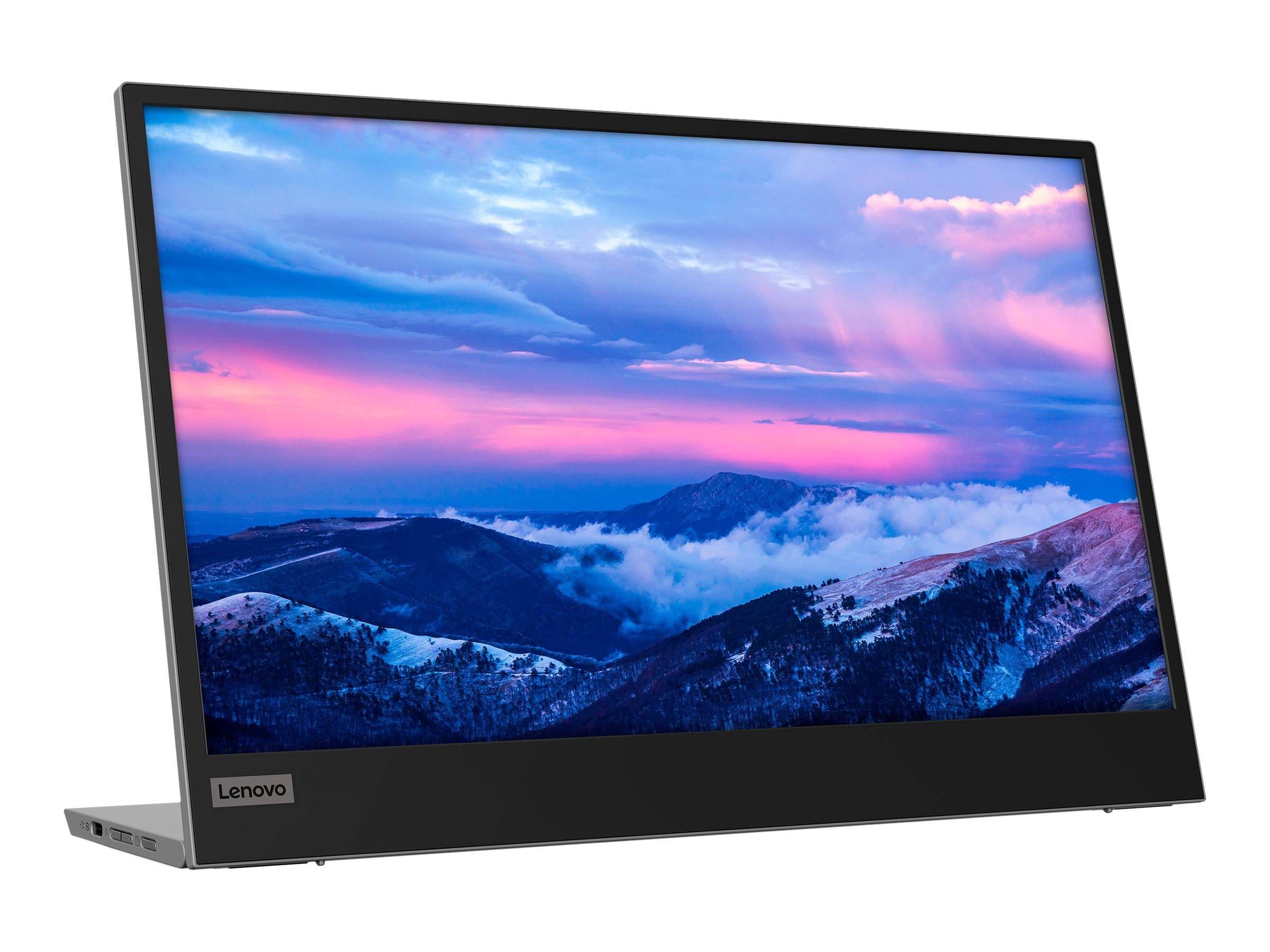 Ein Lenovo-Laptop mit großem Bildschirm, das eine bunte Berglandschaft bei Sonnenuntergang anzeigt.