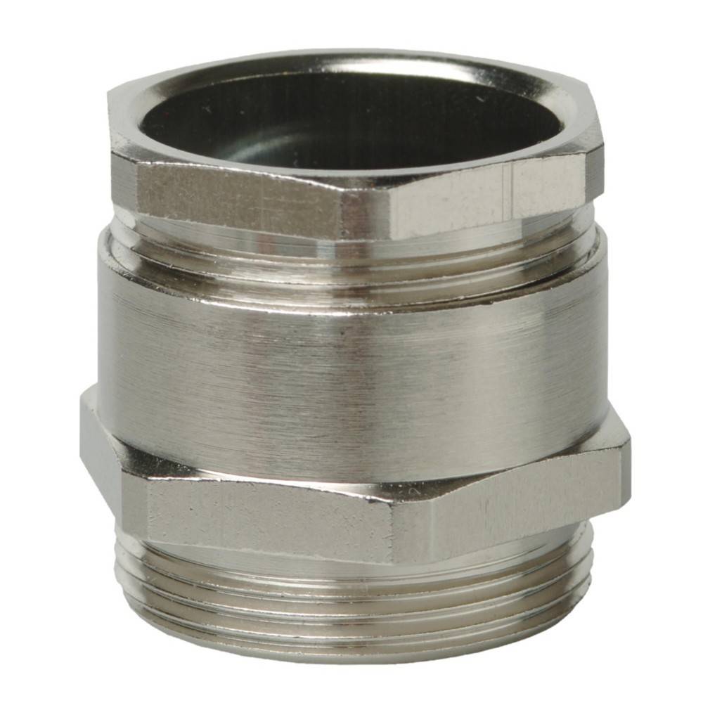 Eine metallische, sechseckige Kupplungsmutter mit Gewinde, die üblicherweise zum Verbinden und Sichern von zwei Stangen oder Rohren in mechanischen oder sanitären Anwendungen verwendet wird.