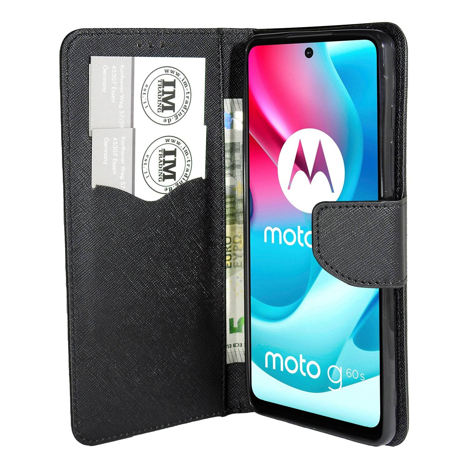 Buch Tasche "Fancy" für MOTOROLA MOTO G60S Handy Hülle Etui Schutzhülle mit Standfunktion, Kartenfach Schwarz