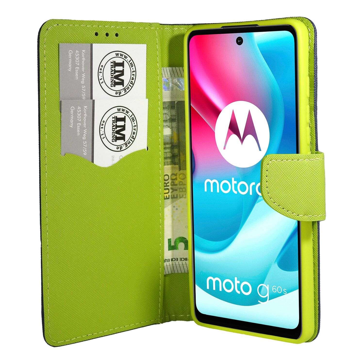 Buch Tasche "Fancy" für Motorola Moto G60S Handy Hülle Etui Schutzhülle mit Standfunktion, Kartenfach Blau-Grün