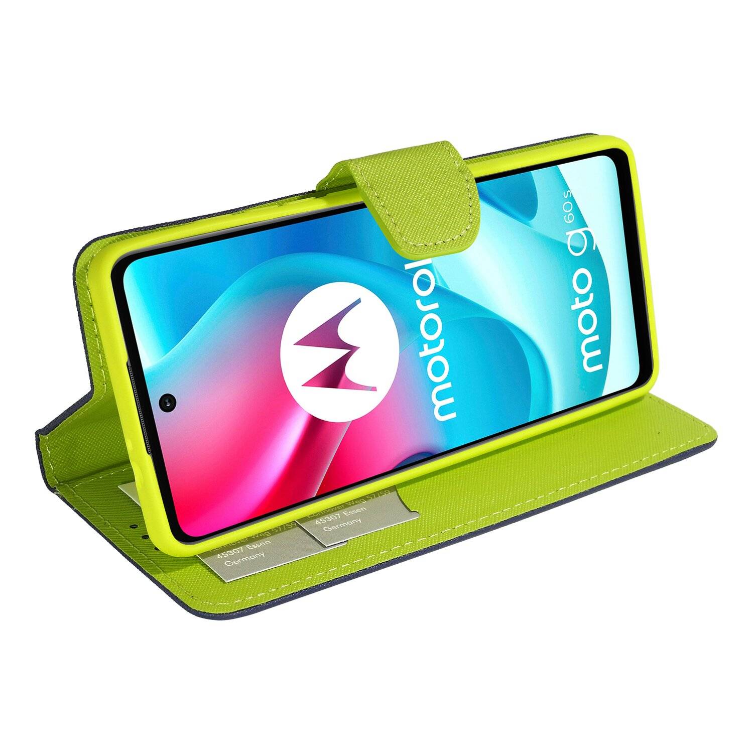 Buch Tasche "Fancy" für Motorola Moto G60S Handy Hülle Etui Schutzhülle mit Standfunktion, Kartenfach Blau-Grün