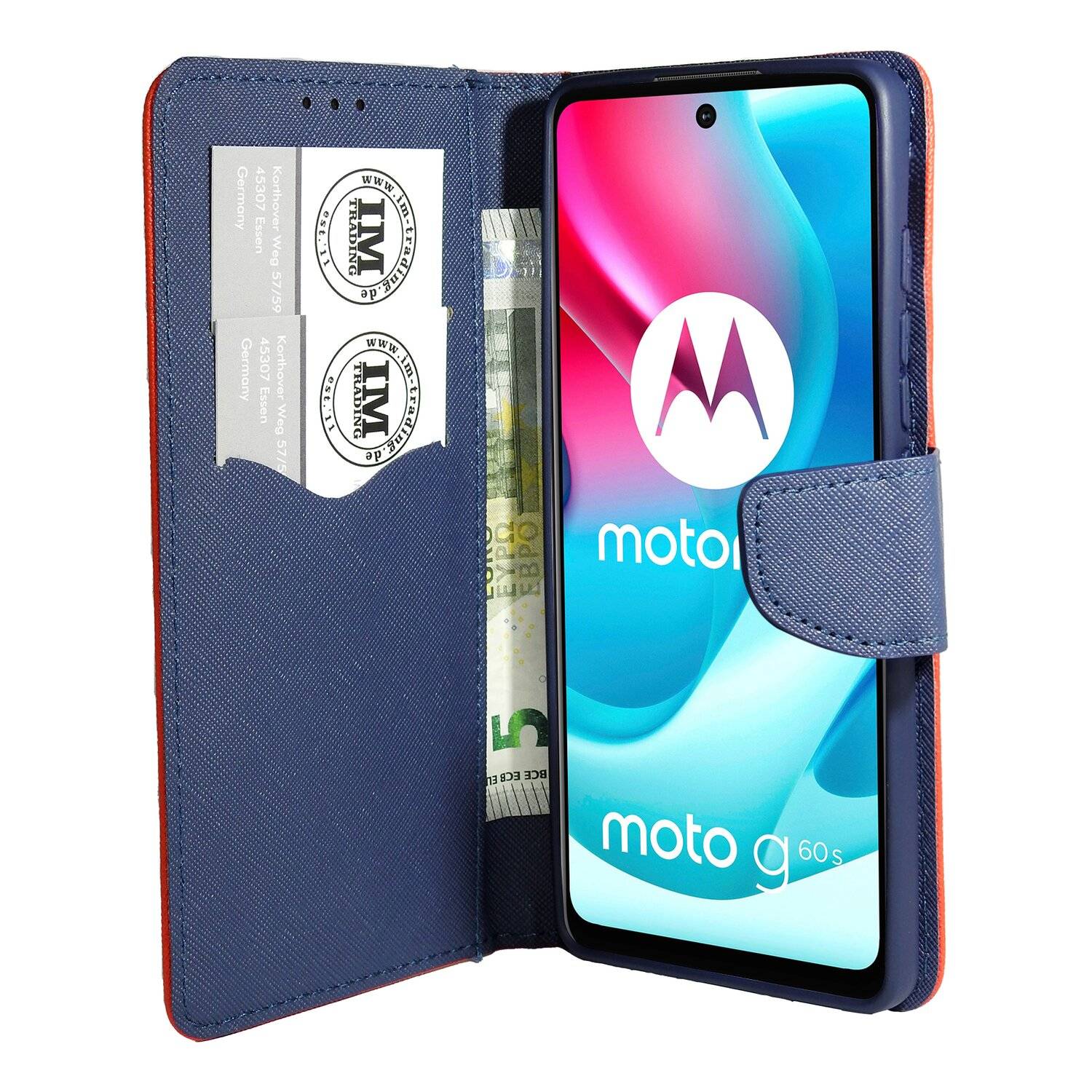 Buch Tasche "Fancy" für MOTOROLA MOTO G60S Handy Hülle Etui Schutzhülle mit Standfunktion, Kartenfach Rot-Blau