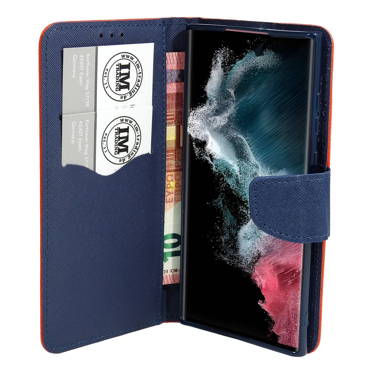 Buch Tasche "Fancy" für SAMSUNG GALAXY S22 ULTRA (SM-908B) Handy Hülle Schutzhülle Standfunktion, Kartenfach Rot-Blau