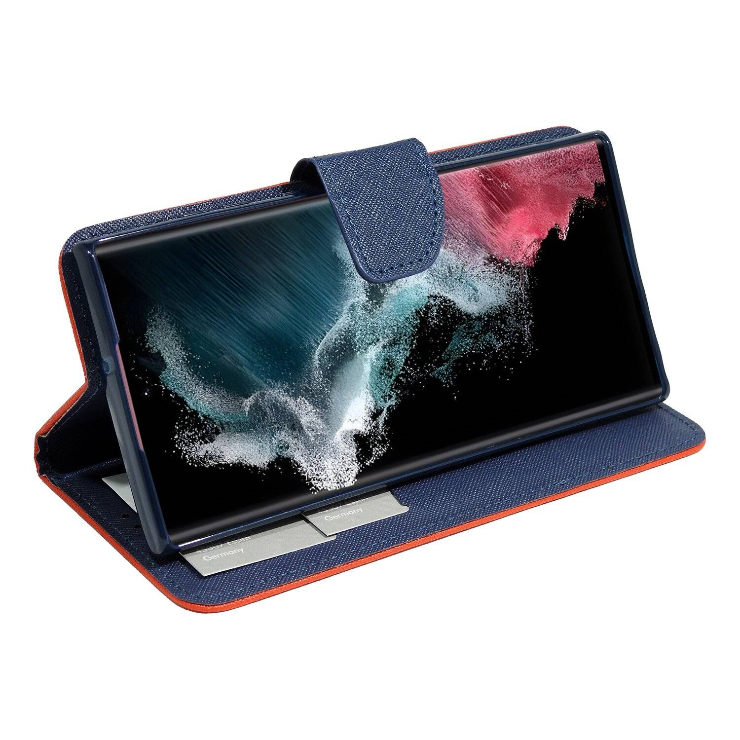 Buch Tasche "Fancy" für SAMSUNG GALAXY S22 ULTRA (SM-908B) Handy Hülle Schutzhülle Standfunktion, Kartenfach Rot-Blau