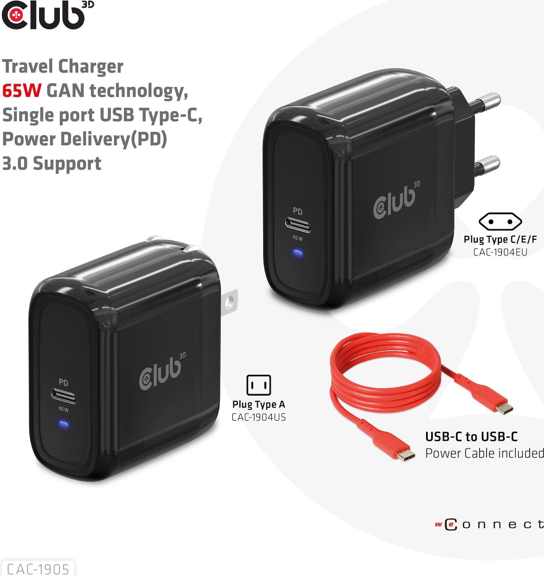 Club 3D Reiseladegerät 1xUSB Typ C PD 65W retail - Ladegerät