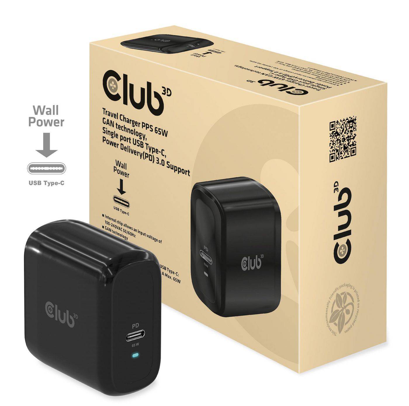 Club 3D Reiseladegerät 1xUSB Typ C PD 65W retail - Ladegerät