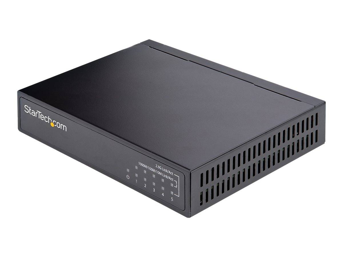 Ein schwarzer Netzwerk-Switch mit belüfteten Seiten und LED-Anzeigen, gekennzeichnet mit '1300Mbps' und '2.5G LAN-Anschluss', geeignet für schnelle Internetverbindungen.