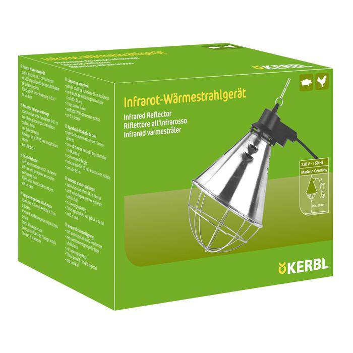 Grüne Kerbl-Produktschachtel für eine Infrarot-Wärmelampe, mit der Aufschrift „Infrarot-Wärmestrahlgerät