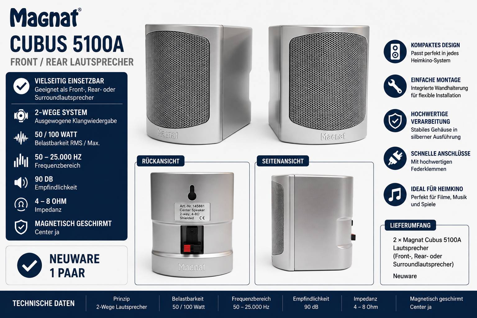 Magnat Cubus 5100A Front-/Rücklautsprecher in Vorder-, Rück- und Seitenansicht mit Funktionssymbolen und Spezifikationen: 50/100 Watt, 50–25.000 Hz, 90 dB, 4–8 Ohm.