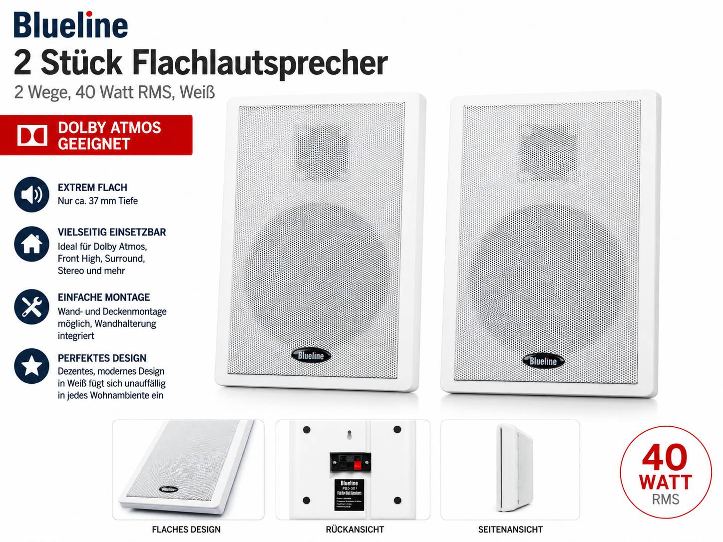 2 Stück Blueline PBS-501 Flachlautsprecher Weiß – Neuware
