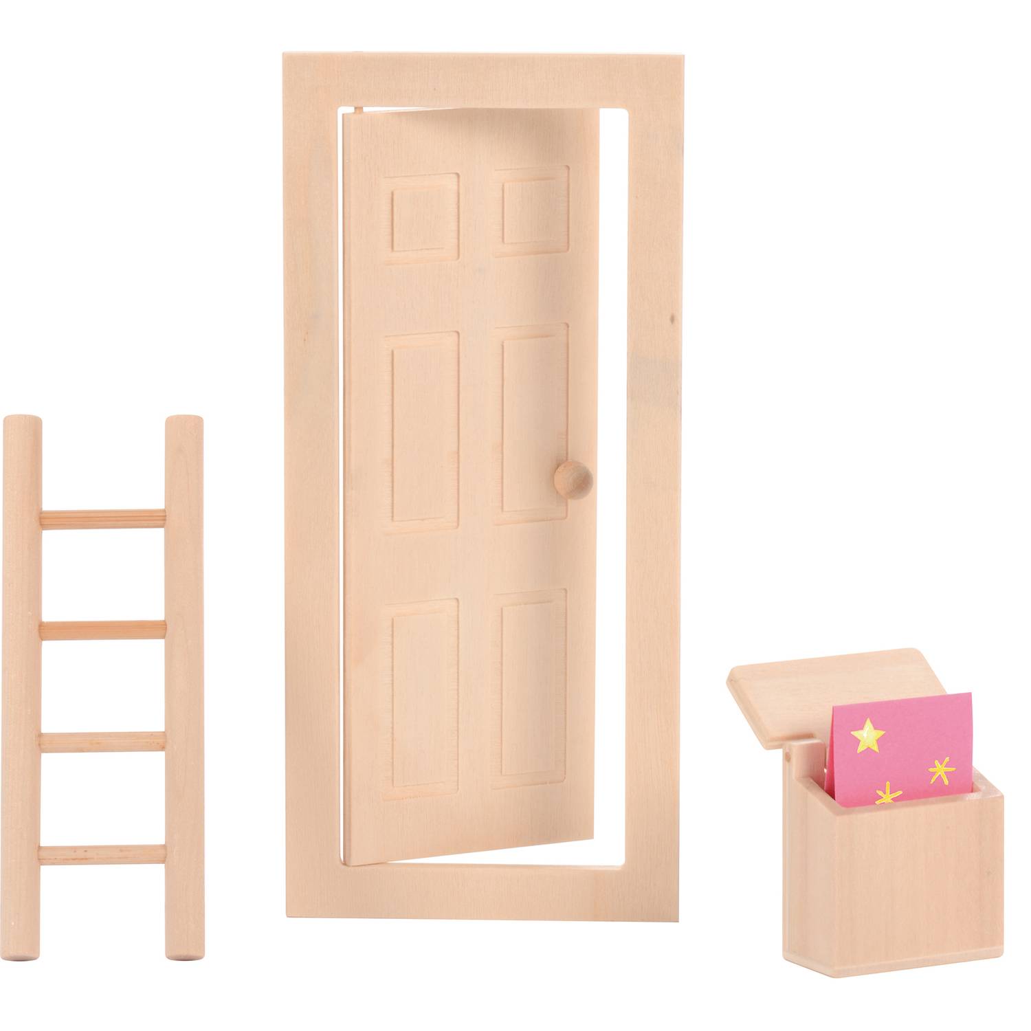 EDUPLAY 210295 Wichtel-Starter-Set mit Türe, Leiter und Briefkasten zum Gestalten, natur, 3-teilig (1 Set)