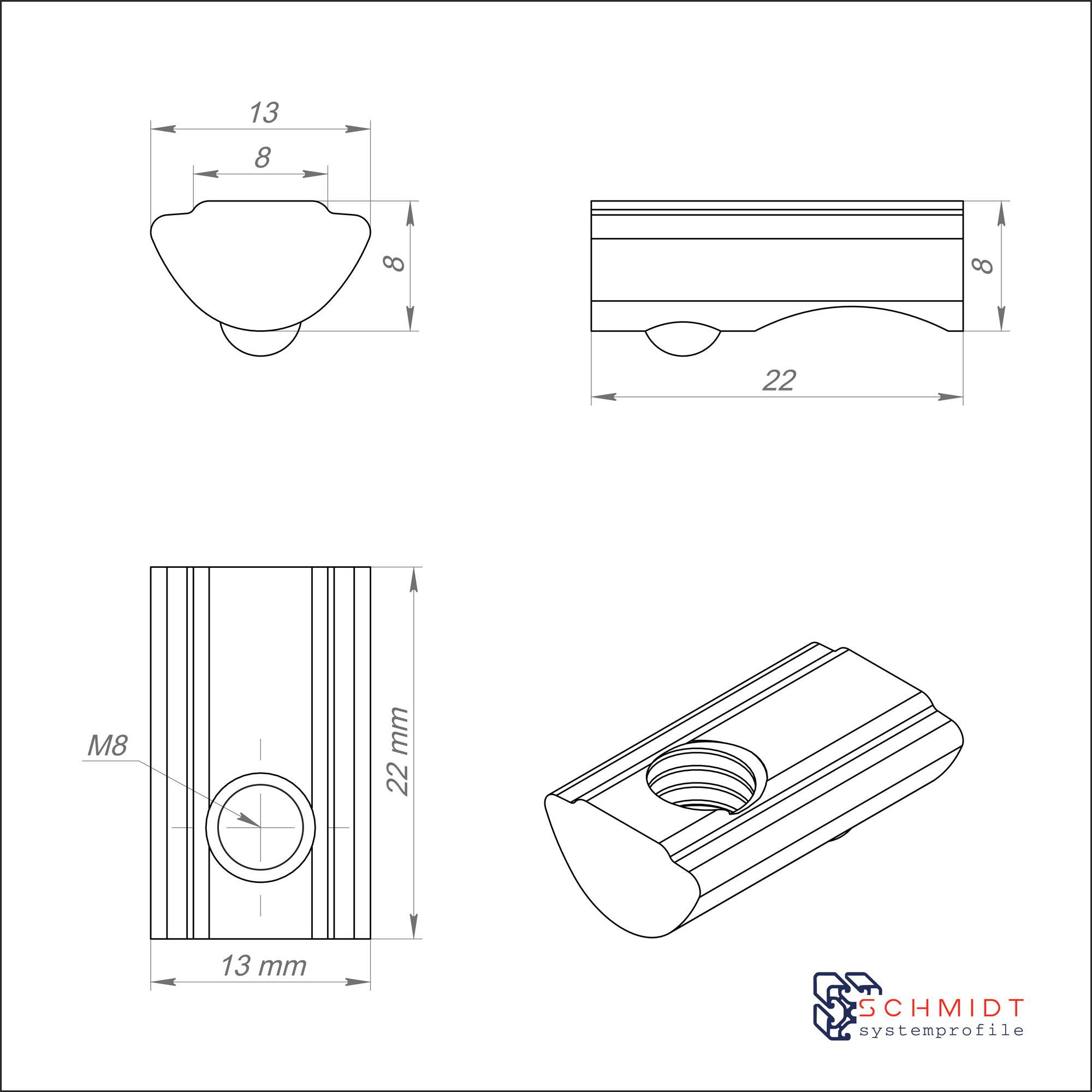 SCHMIDT systemprofile 10x Nutenstein M8 Nut 8 Gleitmutter Steg Federkugel einschwenkbar Befestigungsmaterial Aluprofil-Zubehör