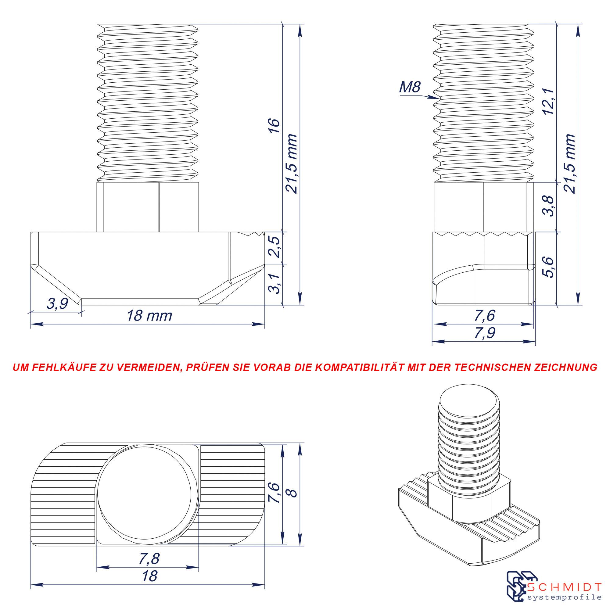 SCHMIDT systemprofile 10x Hammerschraube M8 16mm Nut 8 T-Schraube mit Steg Befestigungsmaterial Aluprofil-Zubehör