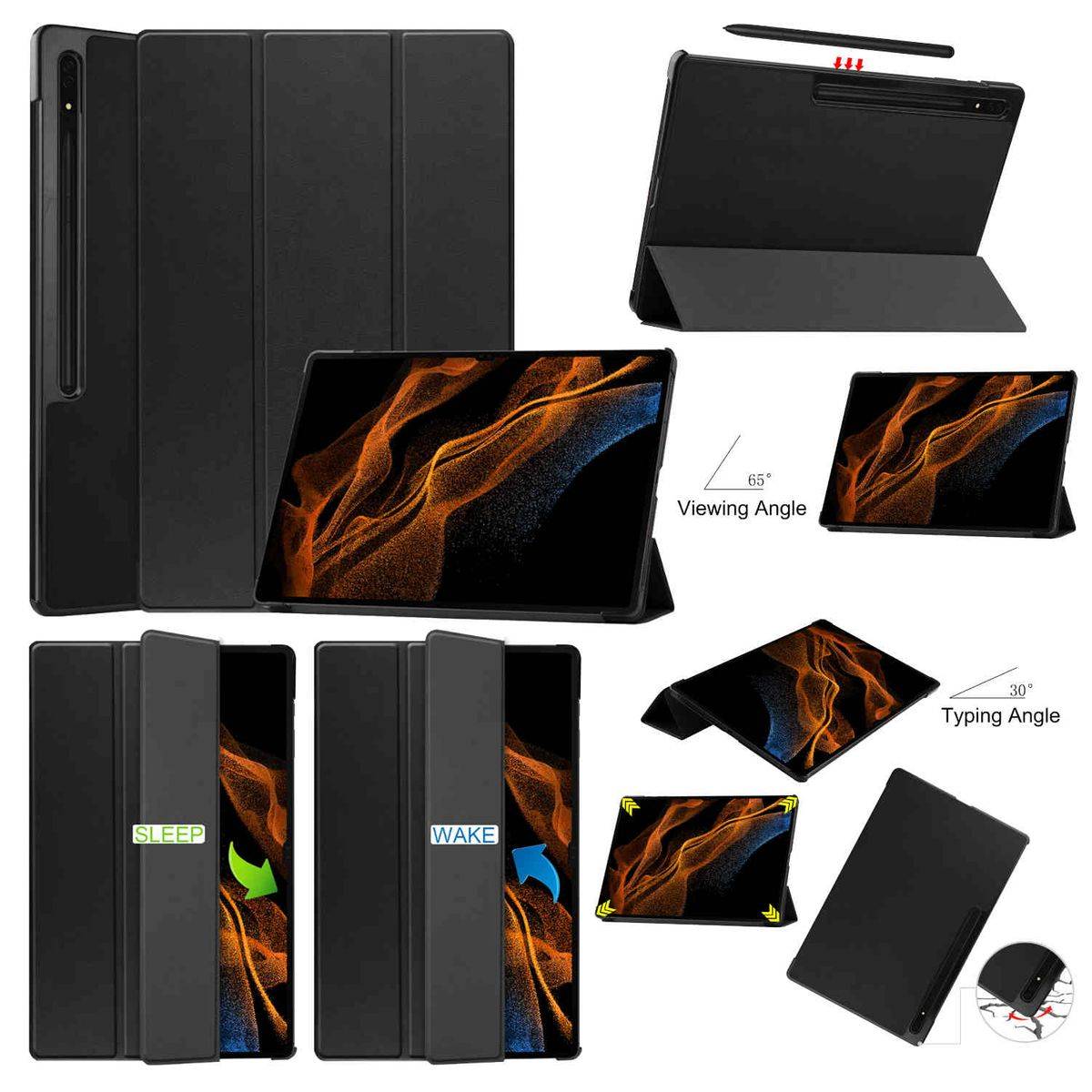 Für Samsung Galaxy Tab S8 Ultra 3folt Wake UP Smart Cover Schwarz Tablet Tasche Etuis Hülle