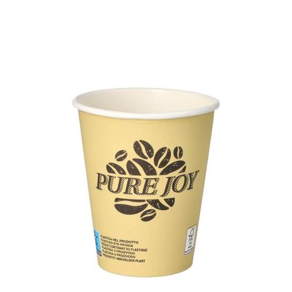 Gelber Einweg-Papierkaffeebecher mit dem Logo „PURE JOY