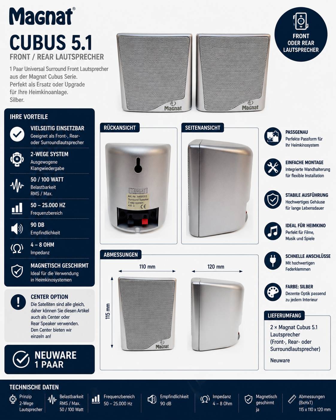 Magnat Cubus 5.1 Front- oder Rear-Lautsprecher Silber – 1 Paar