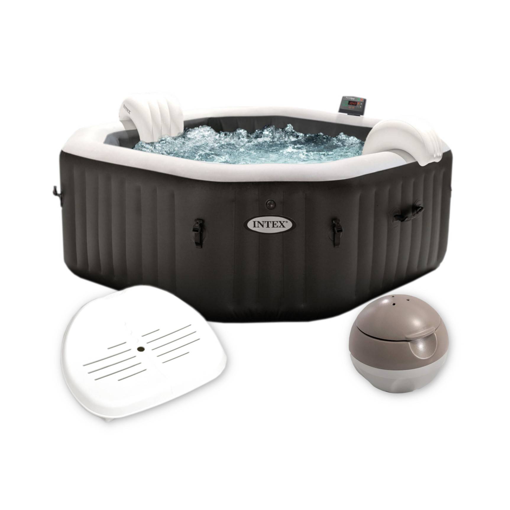 INTEX 28462 - Whirlpool - PureSPA »Jet + Bubble Deluxe« (onyx black, Ø218cm) + Kunststoffsitz & Dosierspender