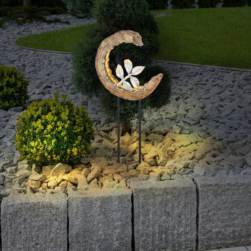 Solarleuchte Garten Holzoptik Gartendeko Solar Solarlampe Mond für Außen, Zweig silber, LED 3000K warmweiß, LxH 24x52 cm