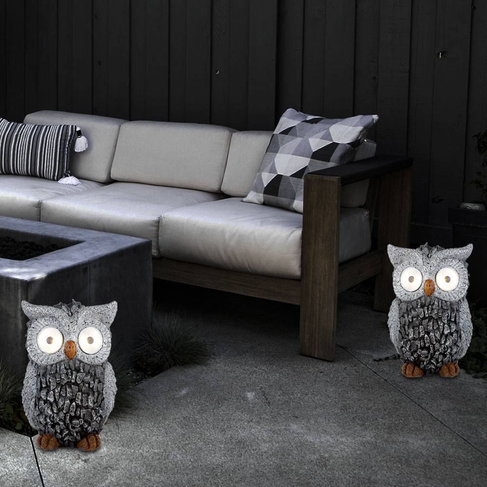 Solar Eule Gartenskulptur für Außen Gartendeko Figur Skulptur grau Akku, Kunststoff, 2x LED 3000K, LxBxH 13,5x11,5x19,5 cm, 2er Set