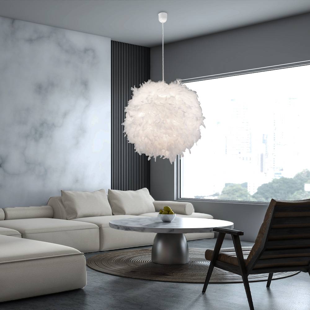 Pendelleuchte Hängelampe Leuchte Pendellampe Federlampe Schlafzimmerlampe Wohnzimmer, Textil weiß Federn, 1x E27 Fassung, DxH 60x130 cm