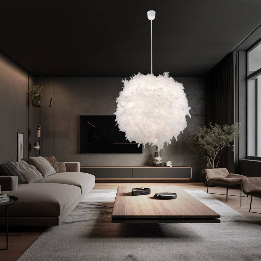 Pendelleuchte Hängelampe Leuchte Pendellampe Federlampe Schlafzimmerlampe Wohnzimmer, Textil weiß Federn, 1x E27 Fassung, DxH 60x130 cm
