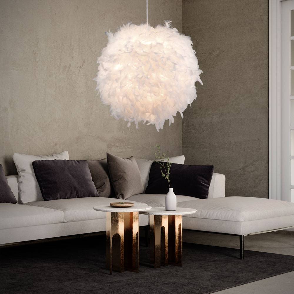 Pendelleuchte Hängelampe Leuchte Pendellampe Federlampe Schlafzimmerlampe Wohnzimmer, Textil weiß Federn, 1x E27 Fassung, DxH 60x130 cm