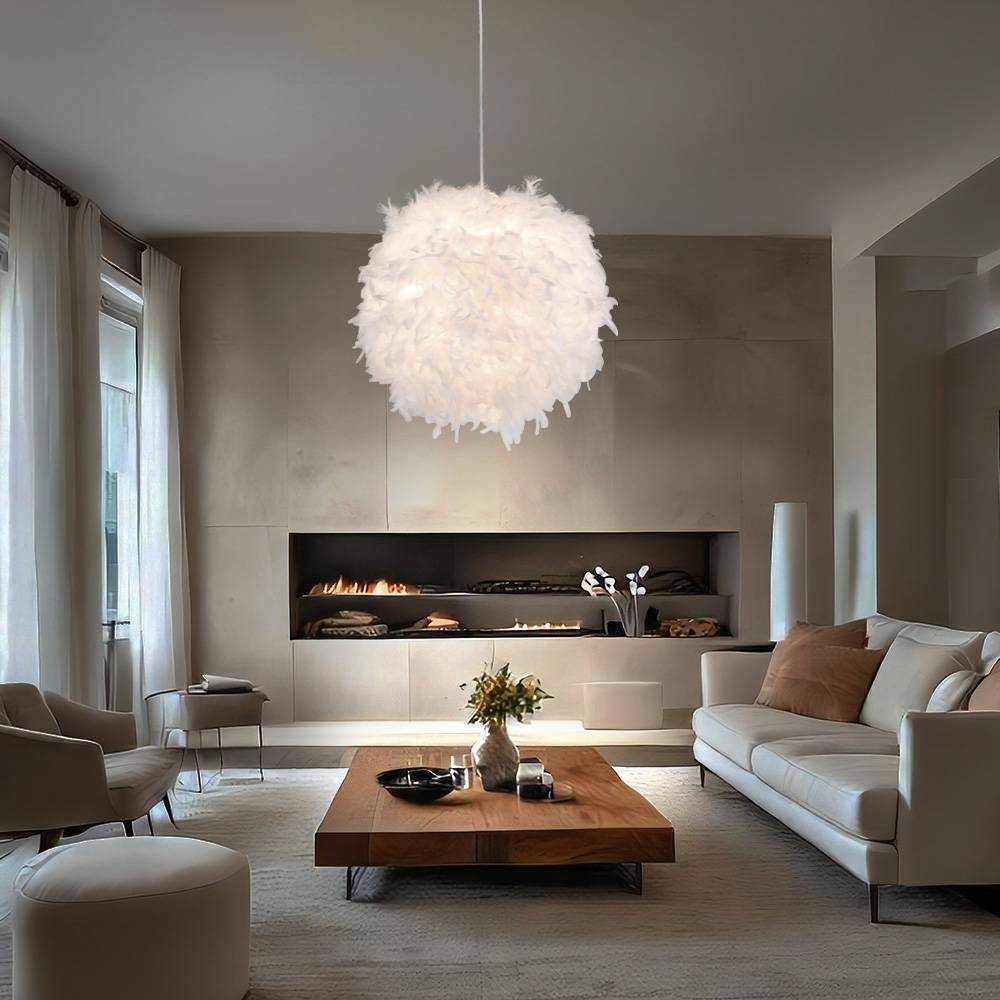 Pendelleuchte Hängelampe Leuchte Pendellampe Federlampe Schlafzimmerlampe Wohnzimmer, Textil weiß Federn, 1x E27 Fassung, DxH 60x130 cm