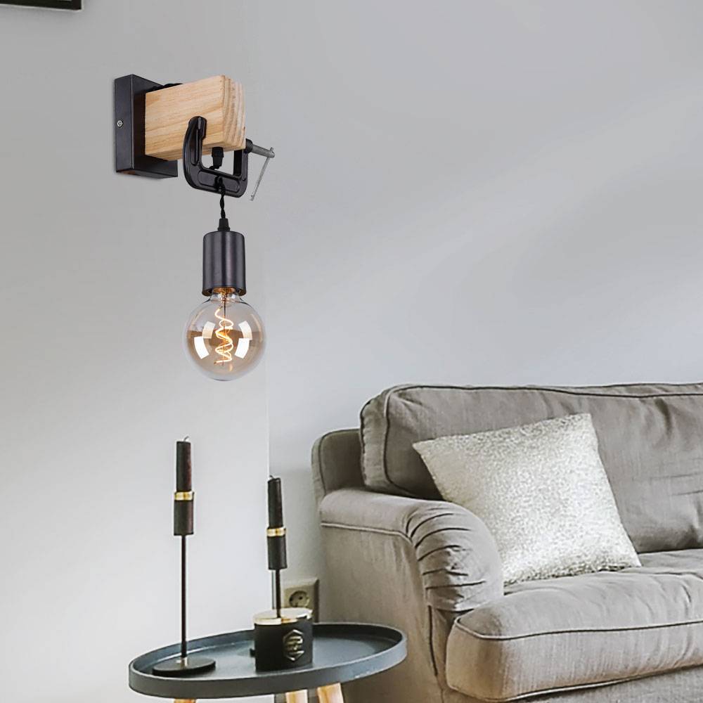 Wandleuchte hängend Wandlampe aus Holz mit Schraubzwinge schwarz, 1x E27, Textilkabel schwarz, 14x28x15cm, Flur Schlafzimmer Treppenhaus Wohnzimmer