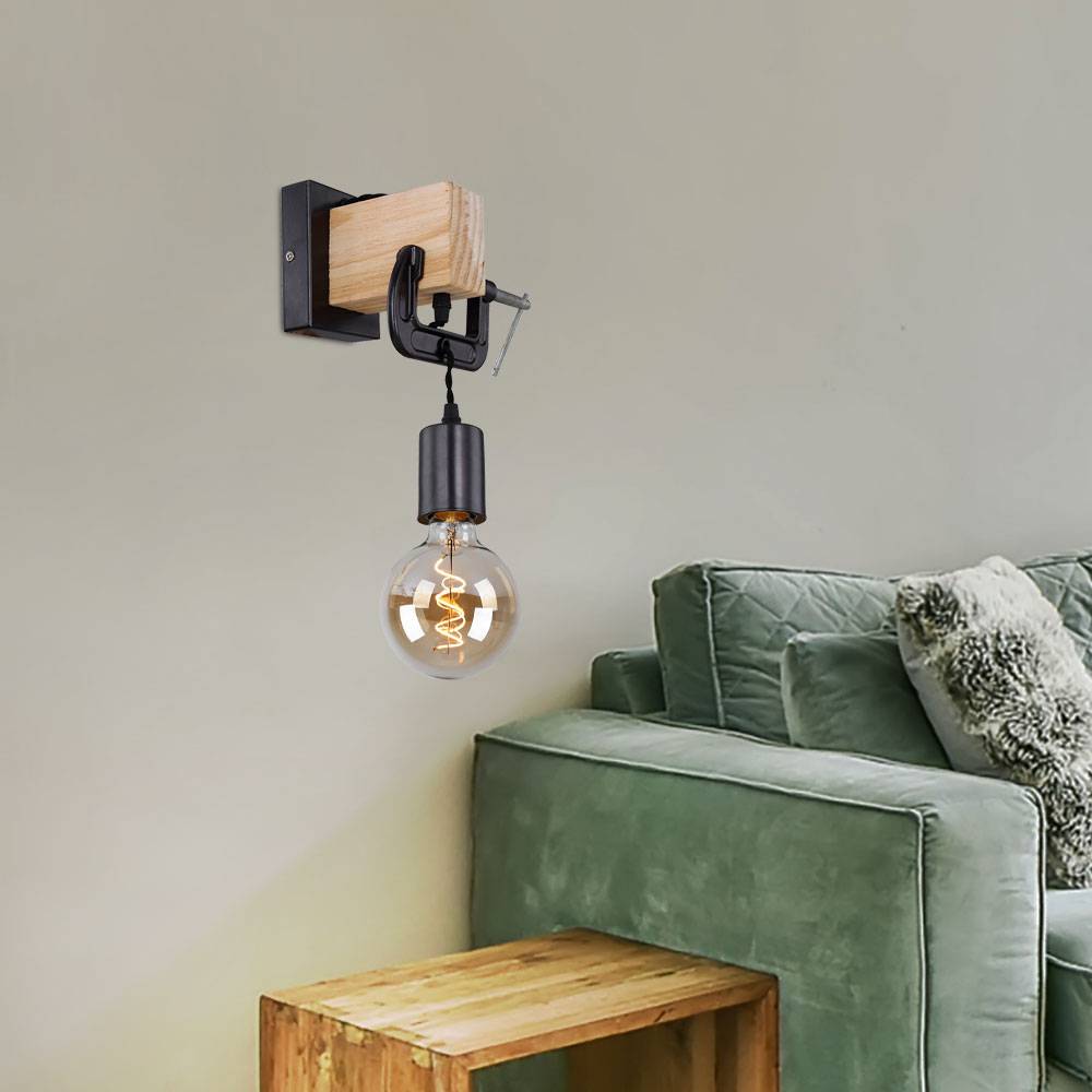Wandleuchte hängend Wandlampe aus Holz mit Schraubzwinge schwarz, 1x E27, Textilkabel schwarz, 14x28x15cm, Flur Schlafzimmer Treppenhaus Wohnzimmer