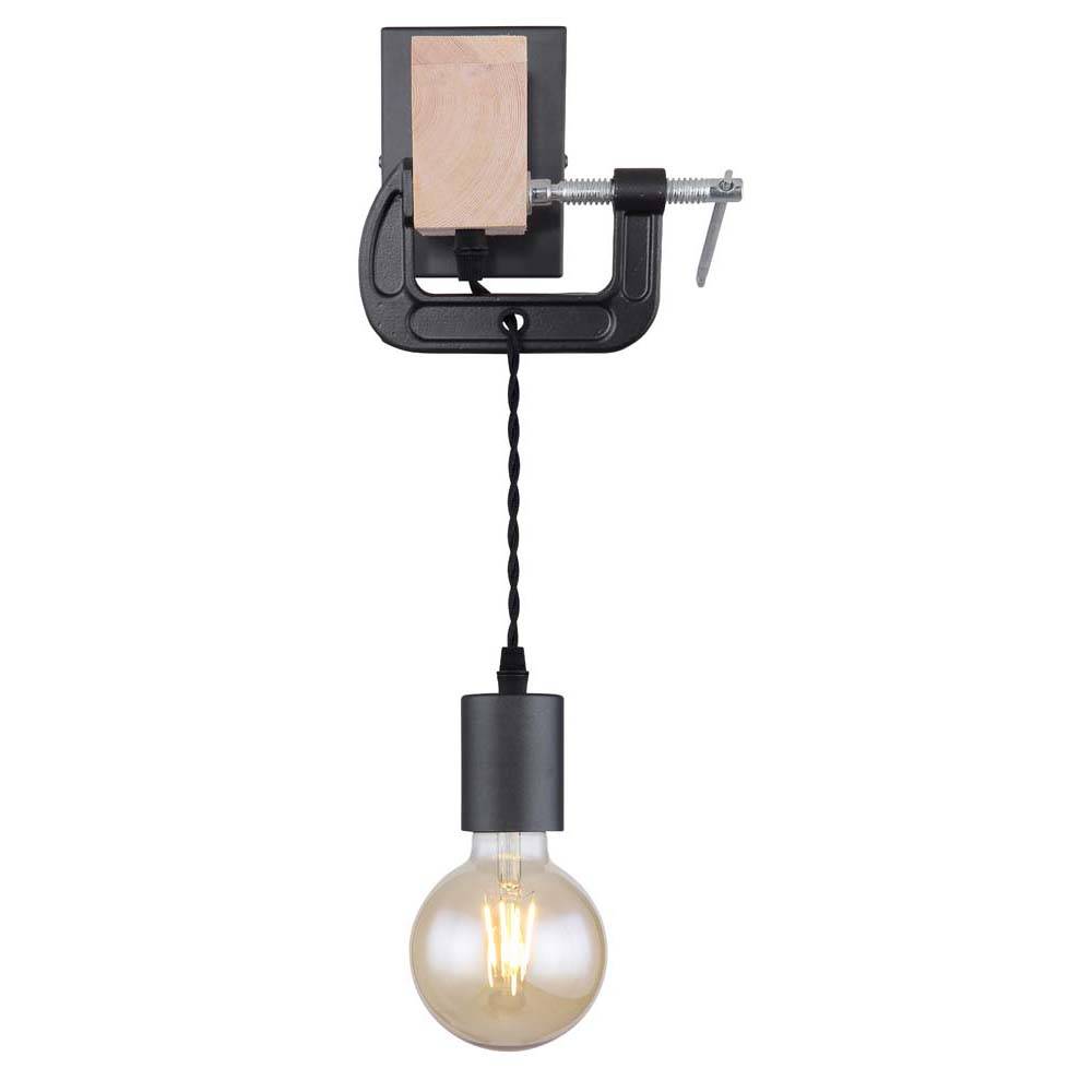 Wandleuchte hängend Wandlampe aus Holz mit Schraubzwinge schwarz, 1x E27, Textilkabel schwarz, 14x28x15cm, Flur Schlafzimmer Treppenhaus Wohnzimmer