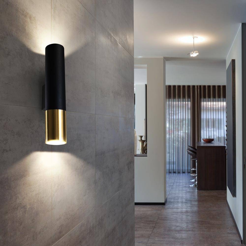 Wandleuchte innen Wandlampe Up Down Wandleuchte schwarz, 2 flammig, Stahl gold, skandinavisch, 2x GU10 Fassungen, HxBxT 30x6x8 cm