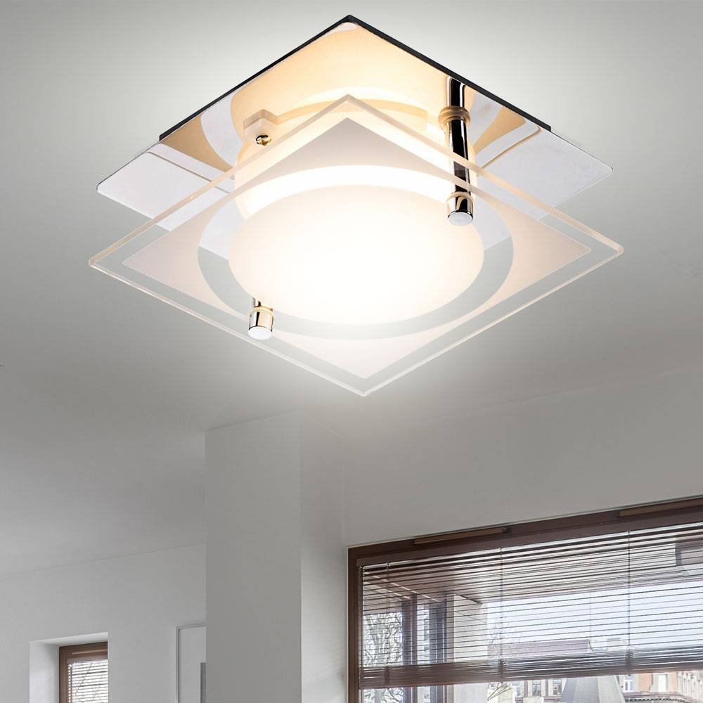Deckenlampe Deckenleuchte quadratisch Chrom Flurlampe Glas satiniert, 1x LED 6W 400Lm neutralweiß, LxBxH 12 x 12 x 7 cm, 2er Set
