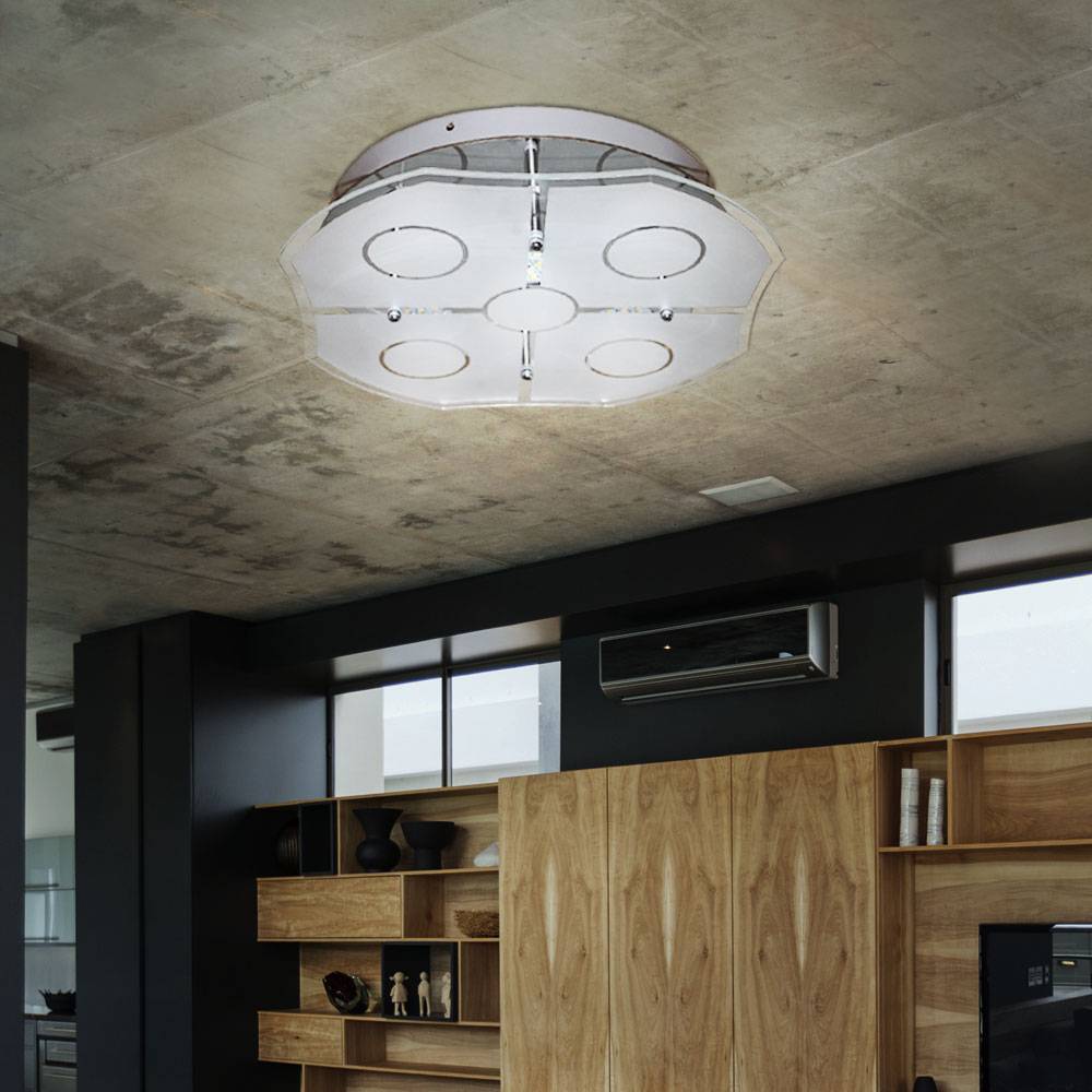 Deckenleuchte Wohnzimmer Decke Deckenlampe silber Glasschirm teilsatiniert, Metall Chrom Glas, 1x LED 24 W 1400Lm warmweiß, LxBxH 27x27x8 cm