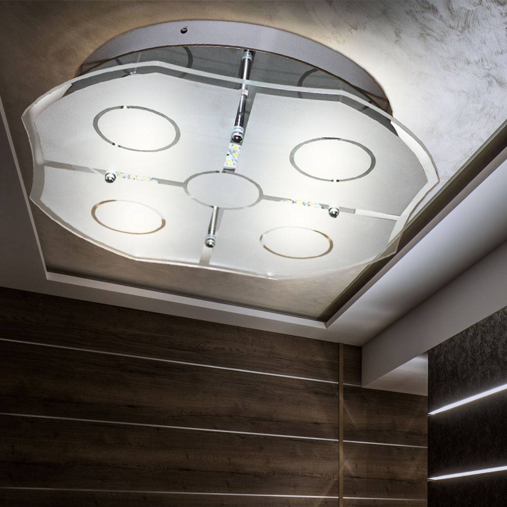 Deckenleuchte Wohnzimmer Decke Deckenlampe silber Glasschirm teilsatiniert, Metall Chrom Glas, 1x LED 24 W 1400Lm warmweiß, LxBxH 27x27x8 cm