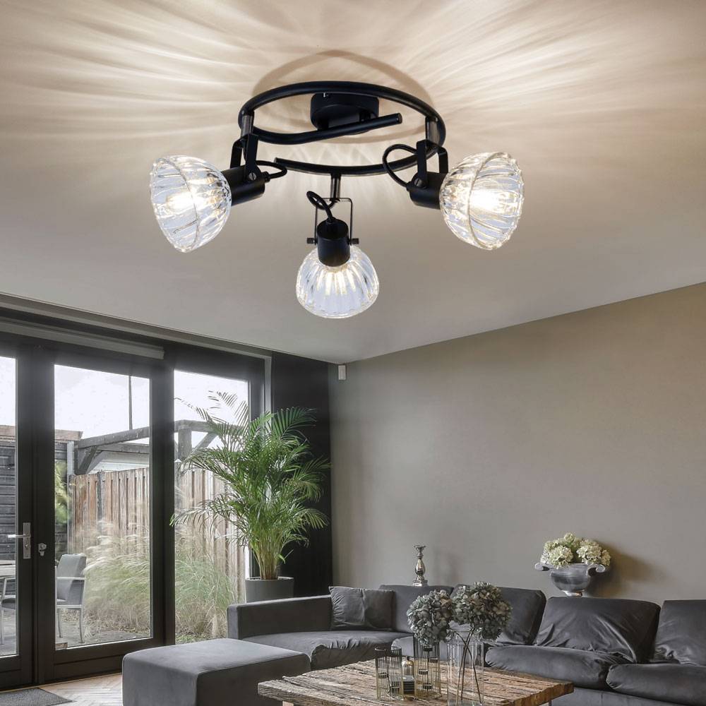 Deckenlampe Deckenleuchte Spotlampe Leuchte Wohnzimmerleuchte Küchenlampe, Spots beweglich 3 Flammig, Metall Glas schwarz klar, E14 Fassungen, DxH