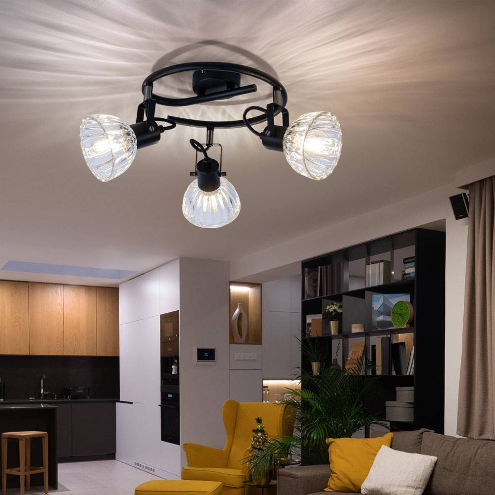 Deckenlampe Deckenleuchte Spotlampe Leuchte Wohnzimmerleuchte Küchenlampe, Spots beweglich 3 Flammig, Metall Glas schwarz klar, E14 Fassungen, DxH